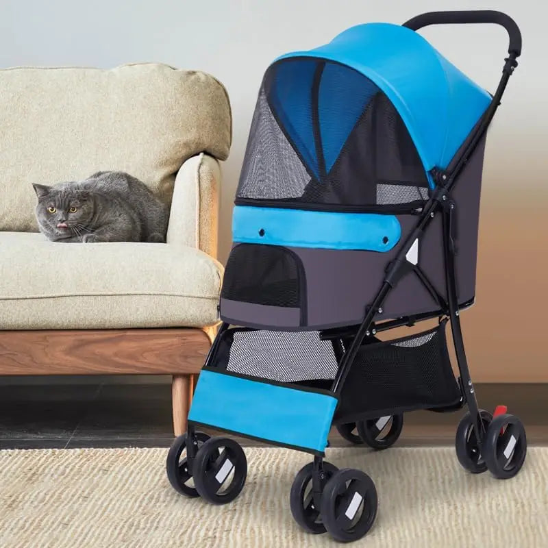 4-Wheel Easy-Fold Pet Stroller with Weather Cover, Storage Basket for Small/Medium Pets up to 33lbs, Blue