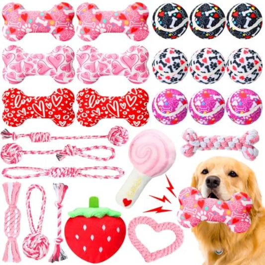 25 Pcs Valentines Dog Toys Set Tennis Balls Squeaky Bone Rope Plush Toys for Puppy Pet Valentine Gifts Red Blue-xq
