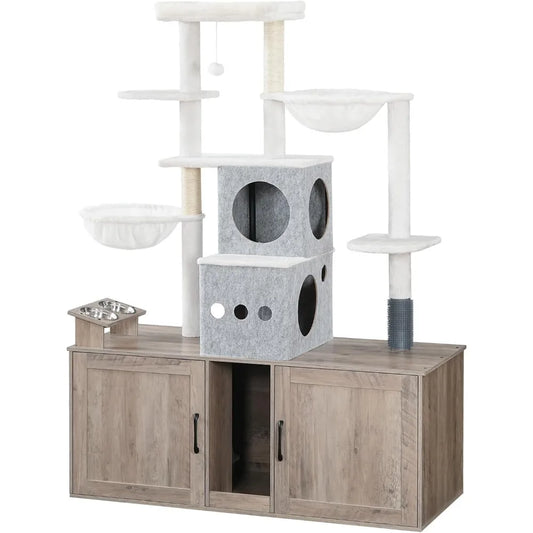 HOOBRO Cat Tree with 47.2 Dual Litter Box Enclosure, 63.4 Tall Multi-Functional Tower for Cats, Hidden Litter Box Enclosure Furn