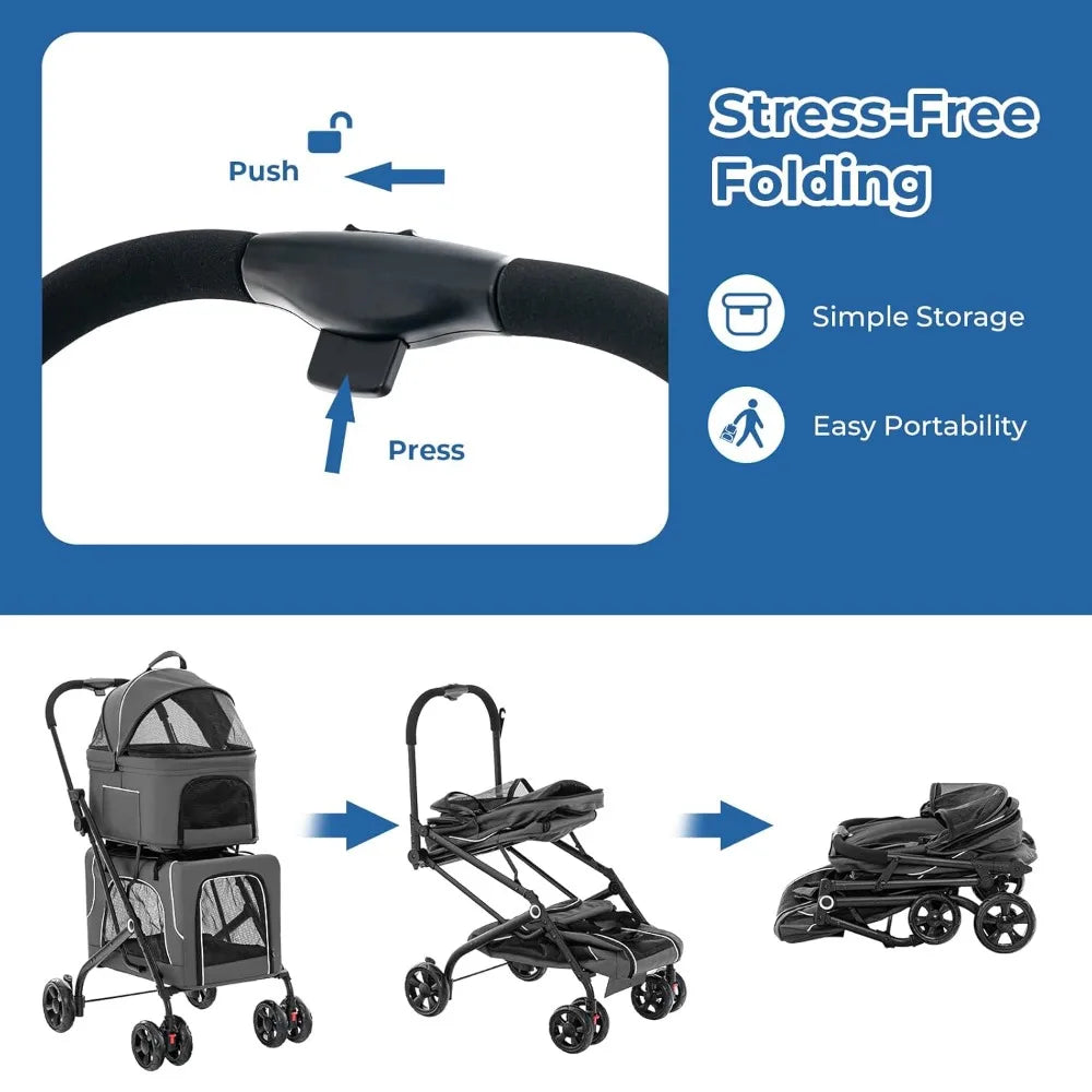 Double Dog Stroller for 2 Dogs, Detachable Carriers, Safety Belt, 4 Lockable Wheels, Pet Travel Carrier Strolling Cart