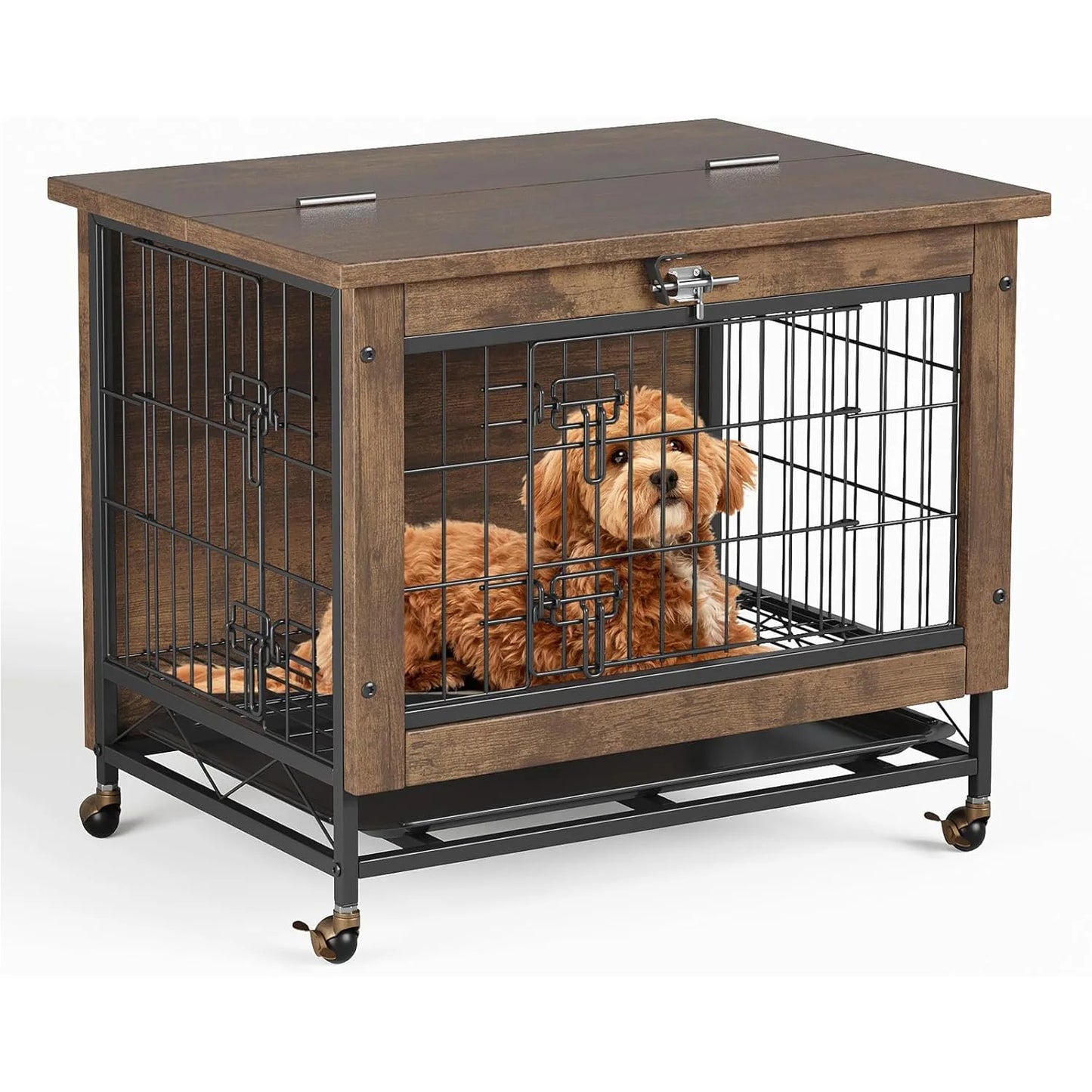 Rustic Dog Crate Furniture with Wheels 26in Small Heavy Duty Metal and Wood Dog Kennel Indoor Anti-Chew Pet Cage End Side Table