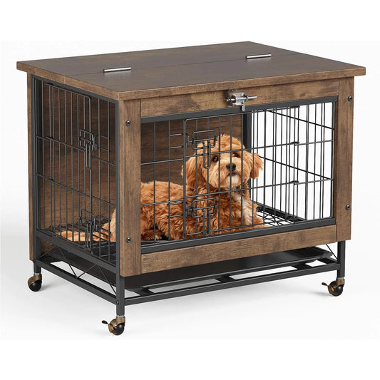 Rustic Dog Crate Furniture with Wheels 26in Small Heavy Duty Metal and Wood Dog Kennel Indoor Anti-Chew Pet Cage End Side Table