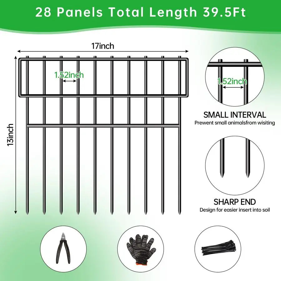X 13inH Animal Barrier Fence, 28 Panels No Dig Fence for Dogs, 1.52IN Gap Anti Digging Dog Barrier, Rustproof Metal Garden Edgin