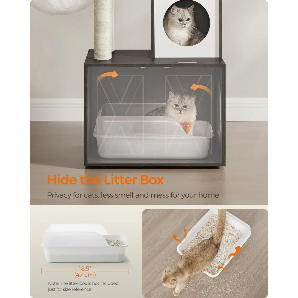 Cat Tree with Litter Box Enclosure, 59-Inch Modern Cat Tower, 2-in-1 Condo with Scratching Posts, Washable Removable Cushion