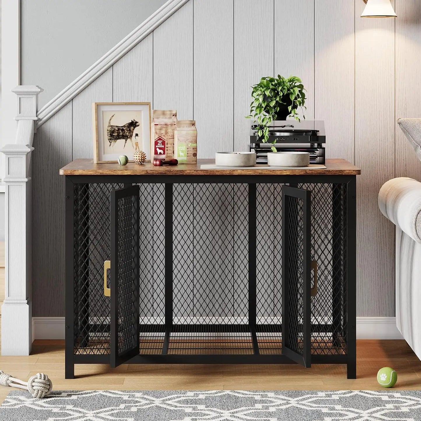 48" Large Pet Cage Table Furniture Large Dog Crate Heavy Duty Metal/Wooden Indoor Kennel, Top Opening & 2 Doors Rustic Brown