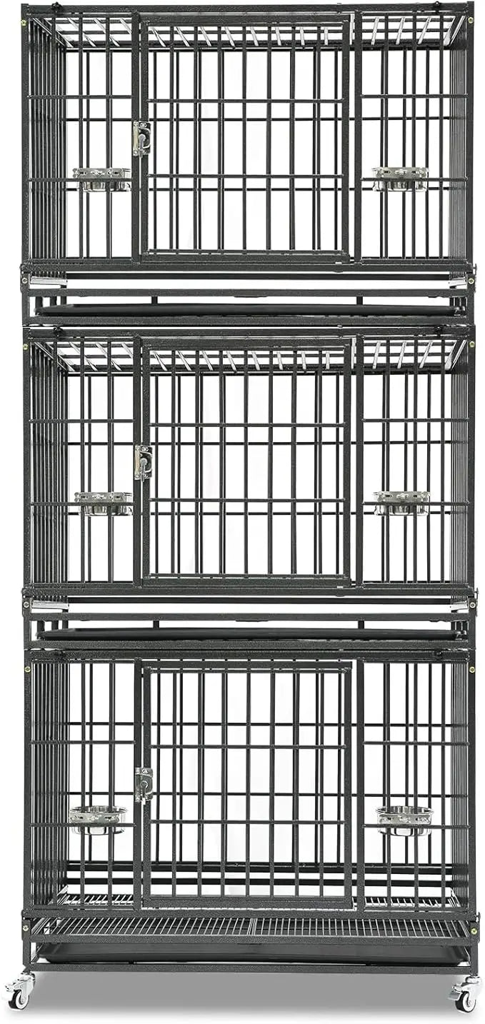 Three Tiers 37 Inch Dog Crate, Escape Proof Dog Cage Kennel Indoor with Top Access and Lockable Wheels, Removable Tray, Heavy D