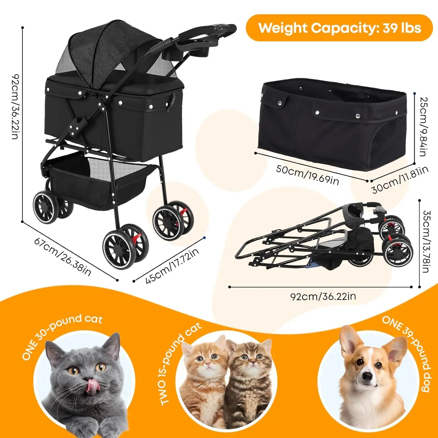 Foldable Pet Stroller for Small Medium Dogs Cats, 3 Wheels with Breathable Mesh Canopy and Cup Holders