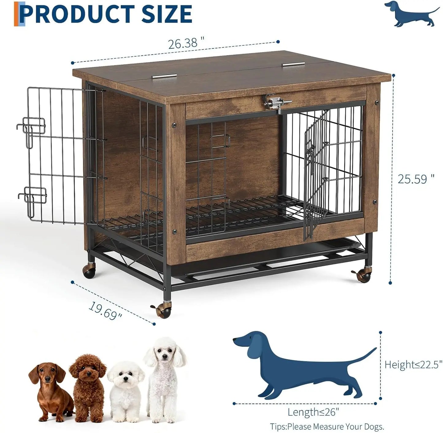 Rustic Dog Crate Furniture with Wheels 26in Small Heavy Duty Metal and Wood Dog Kennel Indoor Anti-Chew Pet Cage End Side Table