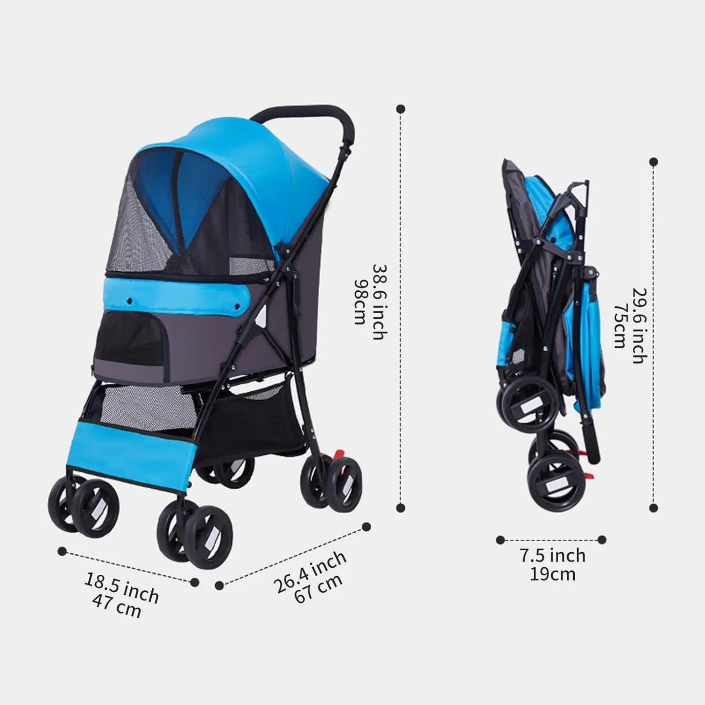4-Wheel Easy-Fold Pet Stroller with Weather Cover, Storage Basket for Small/Medium Pets up to 33lbs, Blue
