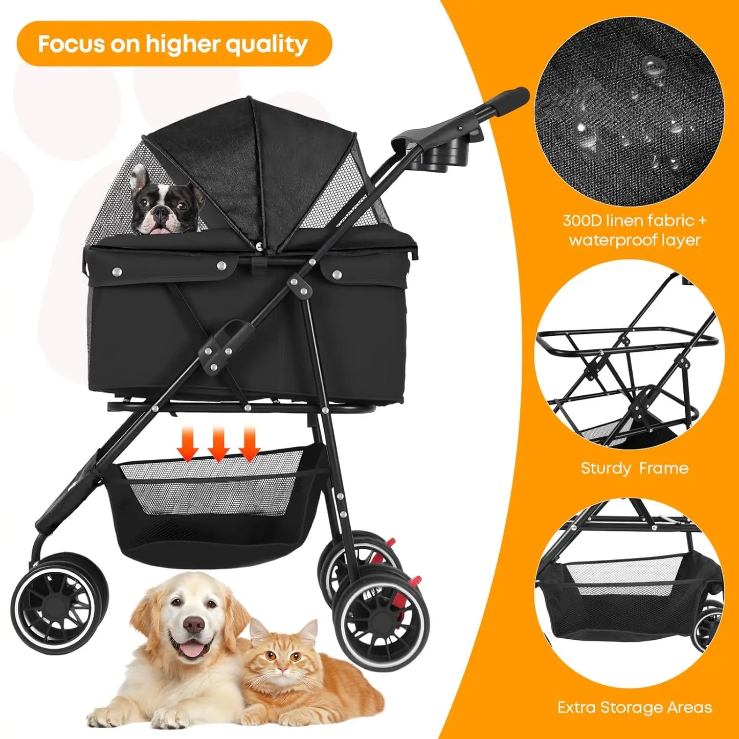 Foldable Pet Stroller for Small Medium Dogs Cats, 3 Wheels with Breathable Mesh Canopy and Cup Holders