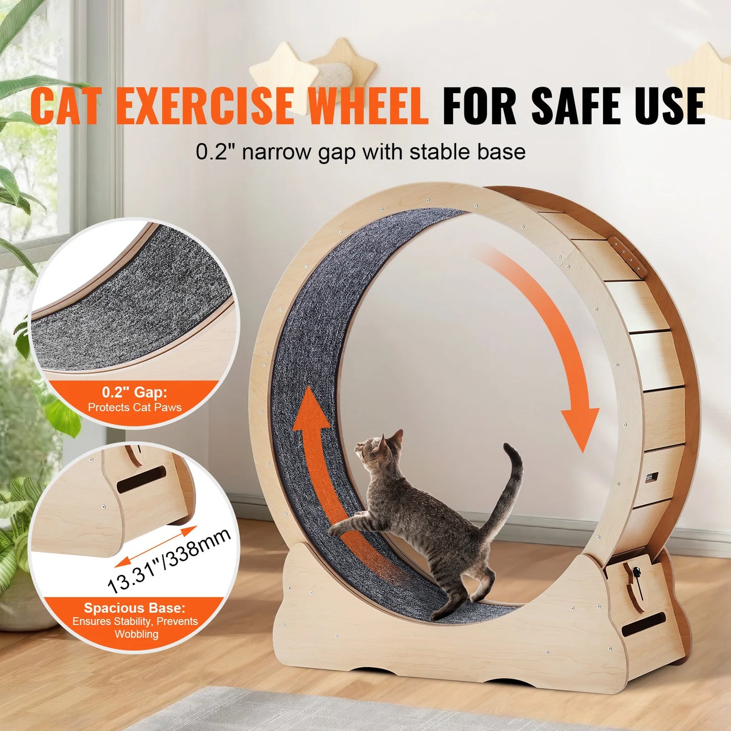 SucceBuy Wooden Cat Exercise Wheel Large Cat Treadmill Wheel for Indoor Cat Running Wheel with Detachable Carpet& Cat Teaser