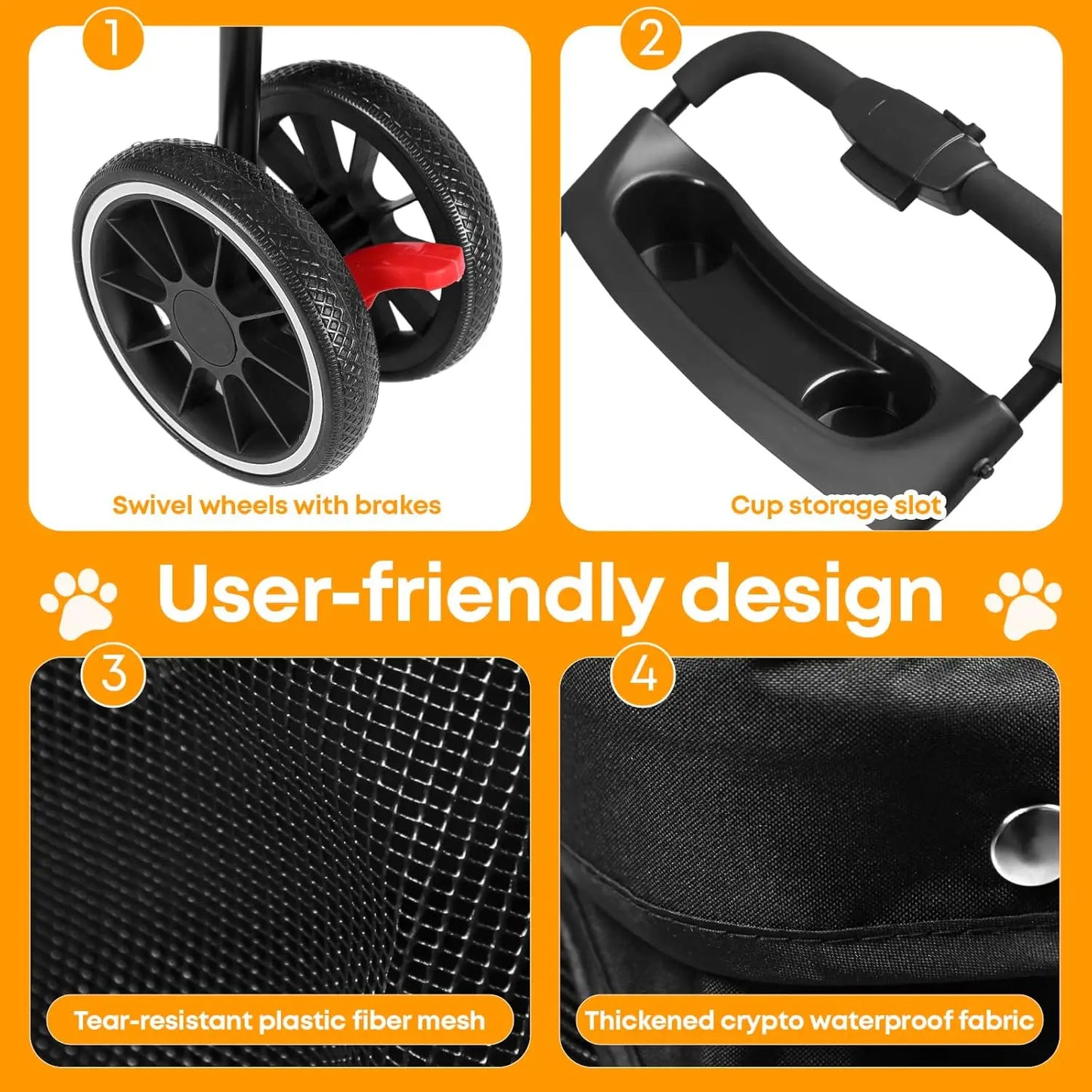Foldable Pet Stroller for Small Medium Dogs Cats, 3 Wheels with Breathable Mesh Canopy and Cup Holders