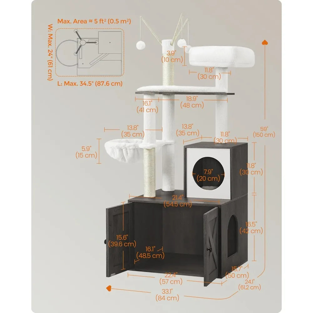 Cat Tree with Litter Box Enclosure, 59-Inch Modern Cat Tower, 2-in-1 Condo with Scratching Posts, Washable Removable Cushion