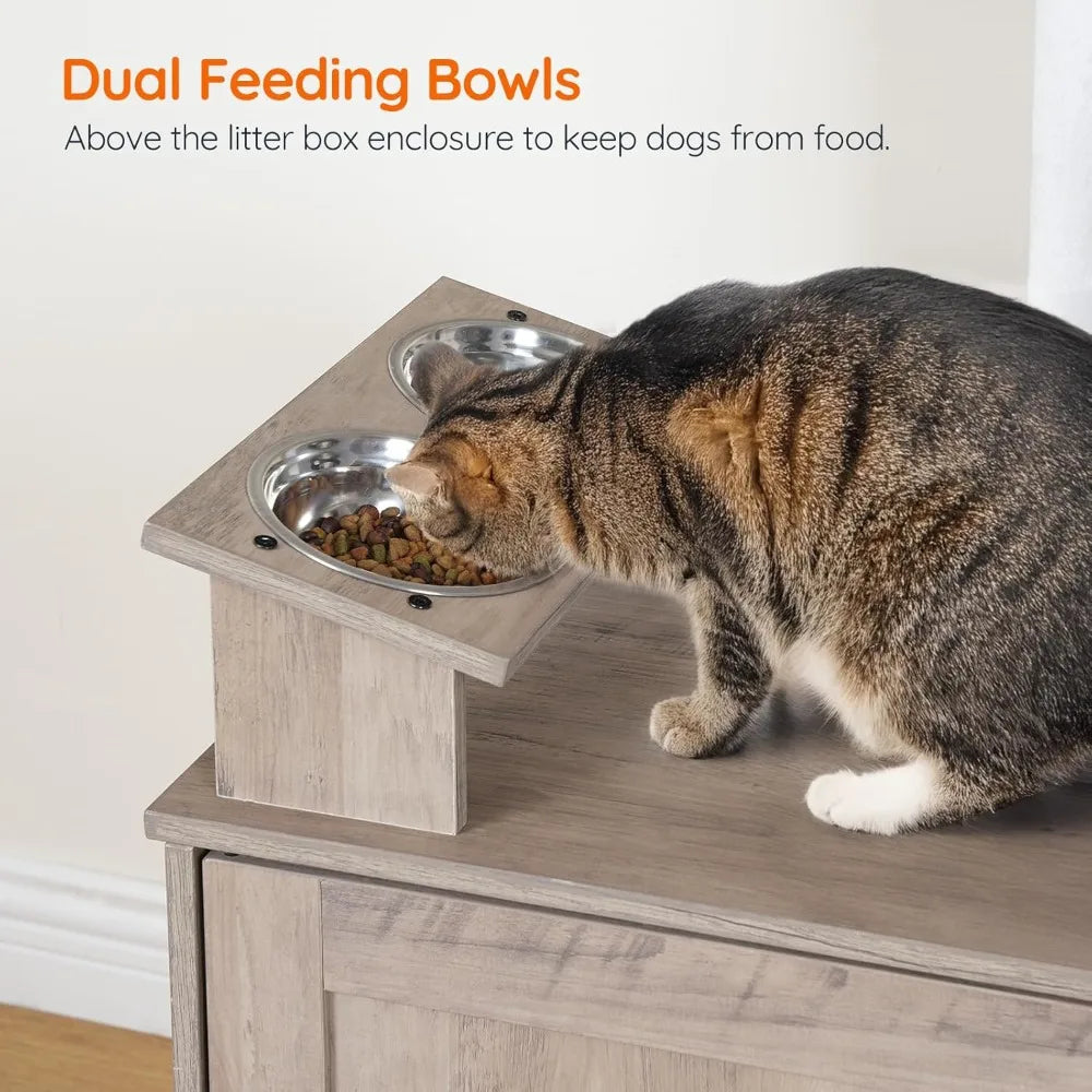 HOOBRO Cat Tree with 47.2 Dual Litter Box Enclosure, 63.4 Tall Multi-Functional Tower for Cats, Hidden Litter Box Enclosure Furn