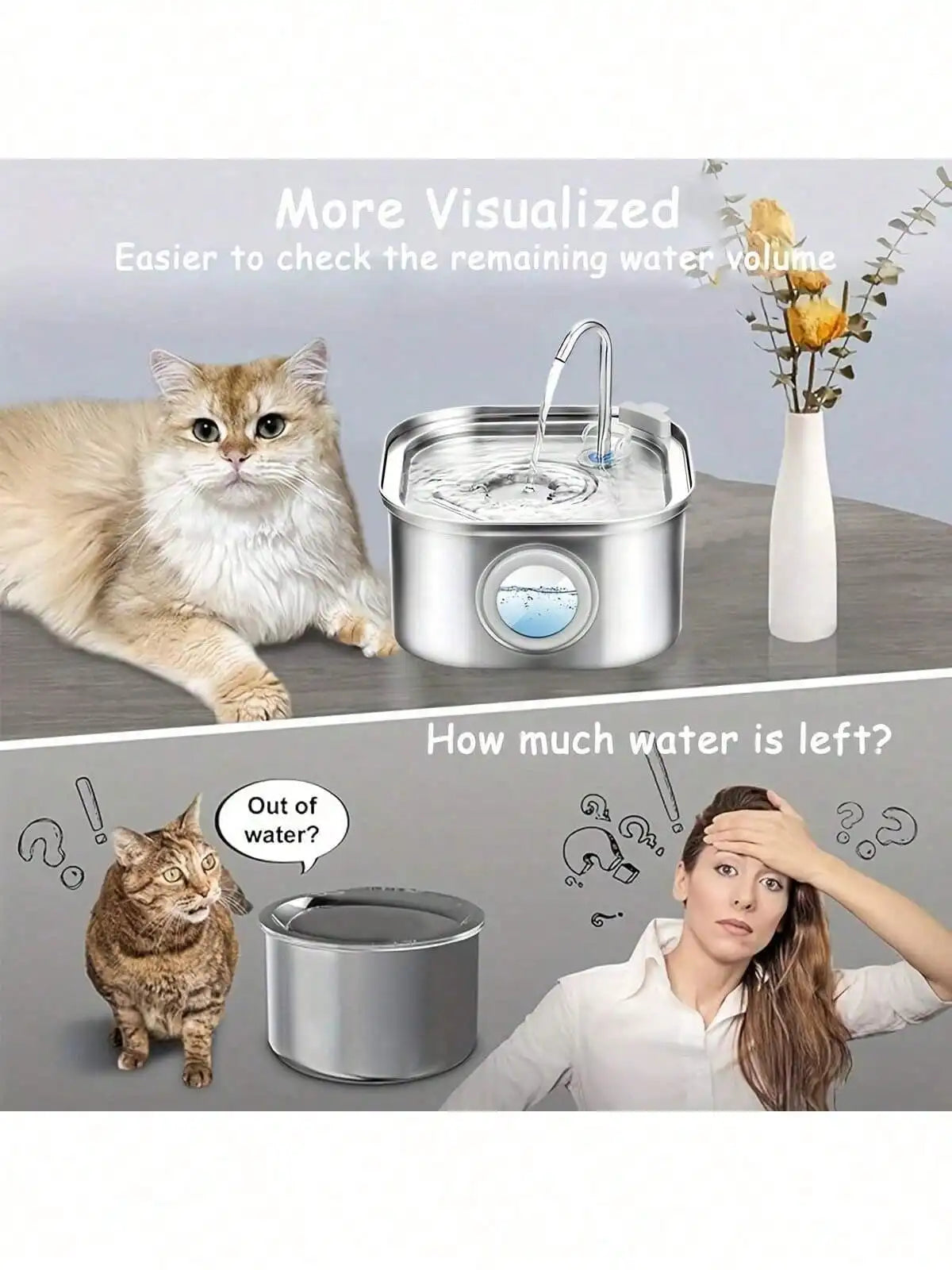 1pc 108.2oz Stainless Steel Quiet Cat Dog Water Fountain USB-Powered