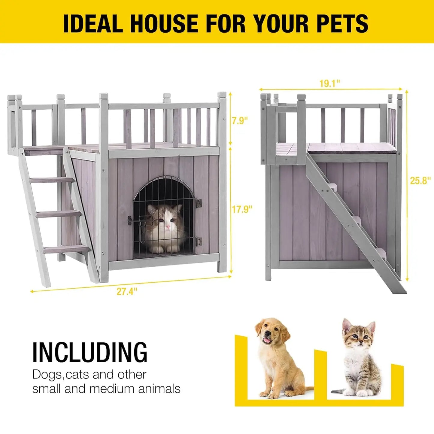 Dog House Feral Cat House Outdoor and Indoor,Pet Houses with Stairs,2 Storys, Customized