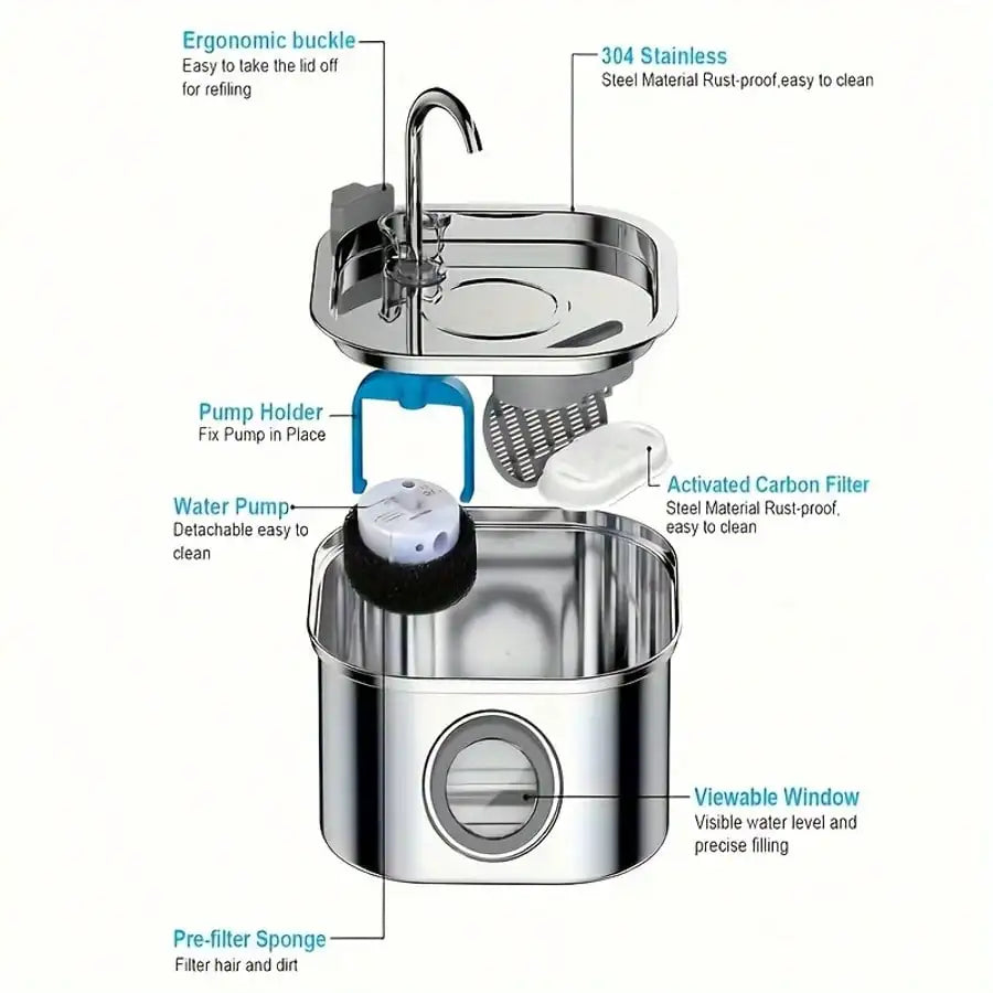 1pc 108.2oz Stainless Steel Quiet Cat Dog Water Fountain USB-Powered