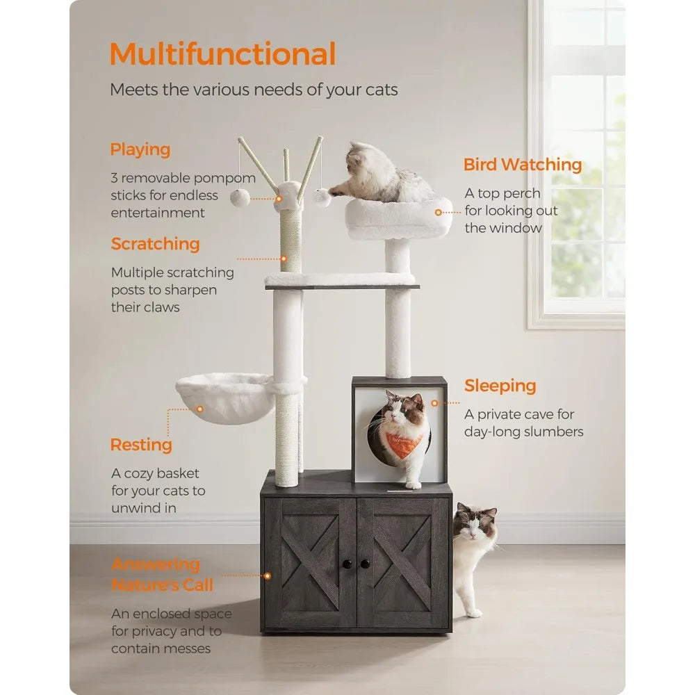 Cat Tree with Litter Box Enclosure, 59-Inch Modern Cat Tower, 2-in-1 Condo with Scratching Posts, Washable Removable Cushion