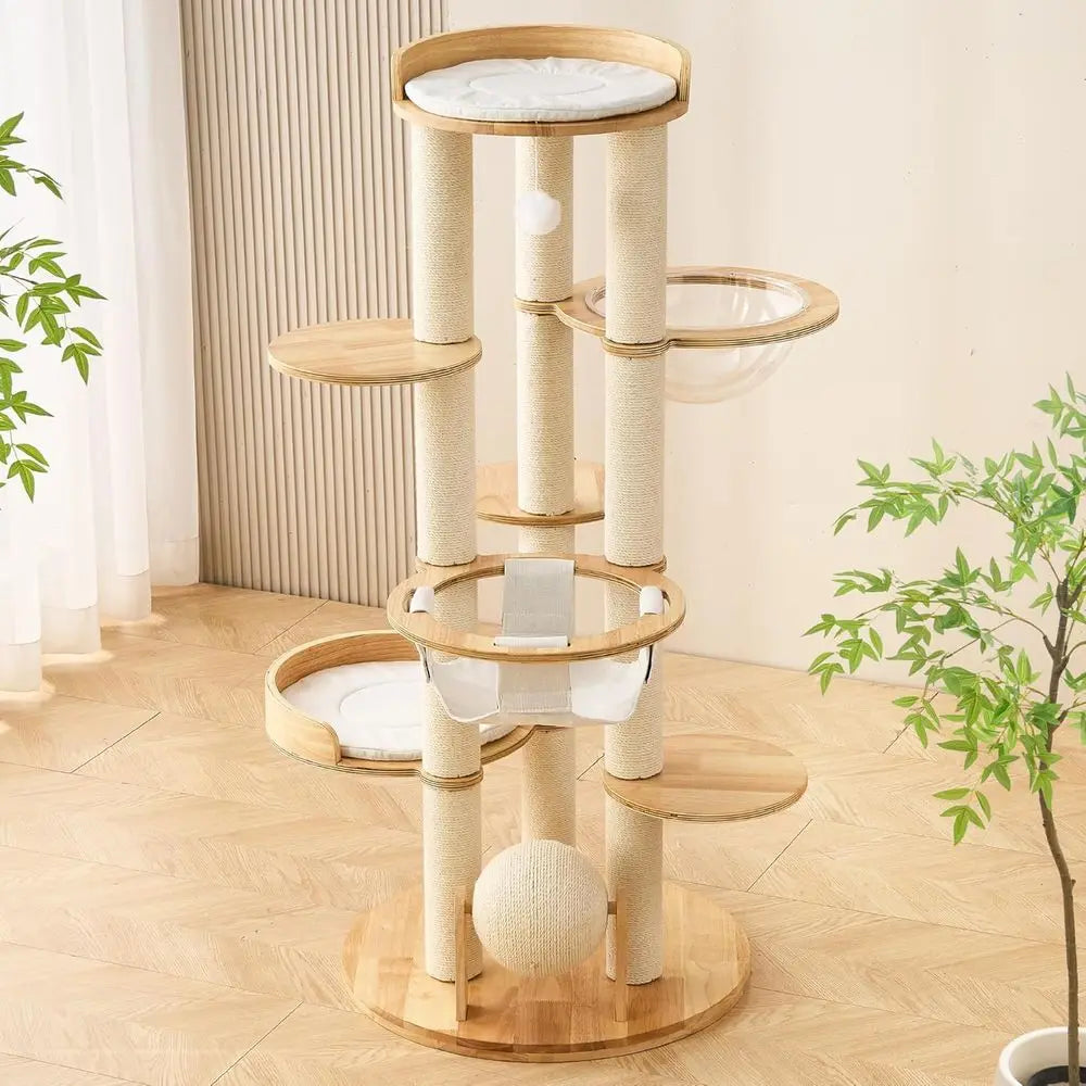 54 Multifunctional Wooden Cat Tree Tower with Bed, Scratching Post, and Toys for Large Indoor Cats