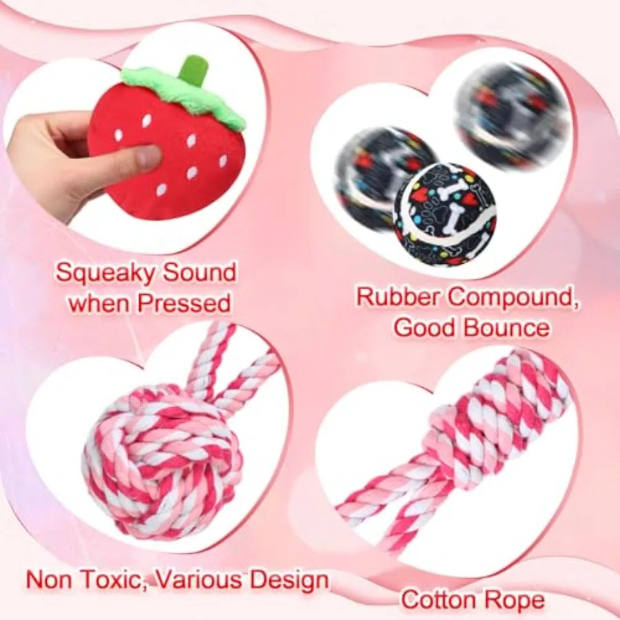 25 Pcs Valentines Dog Toys Set Tennis Balls Squeaky Bone Rope Plush Toys for Puppy Pet Valentine Gifts Red Blue-xq