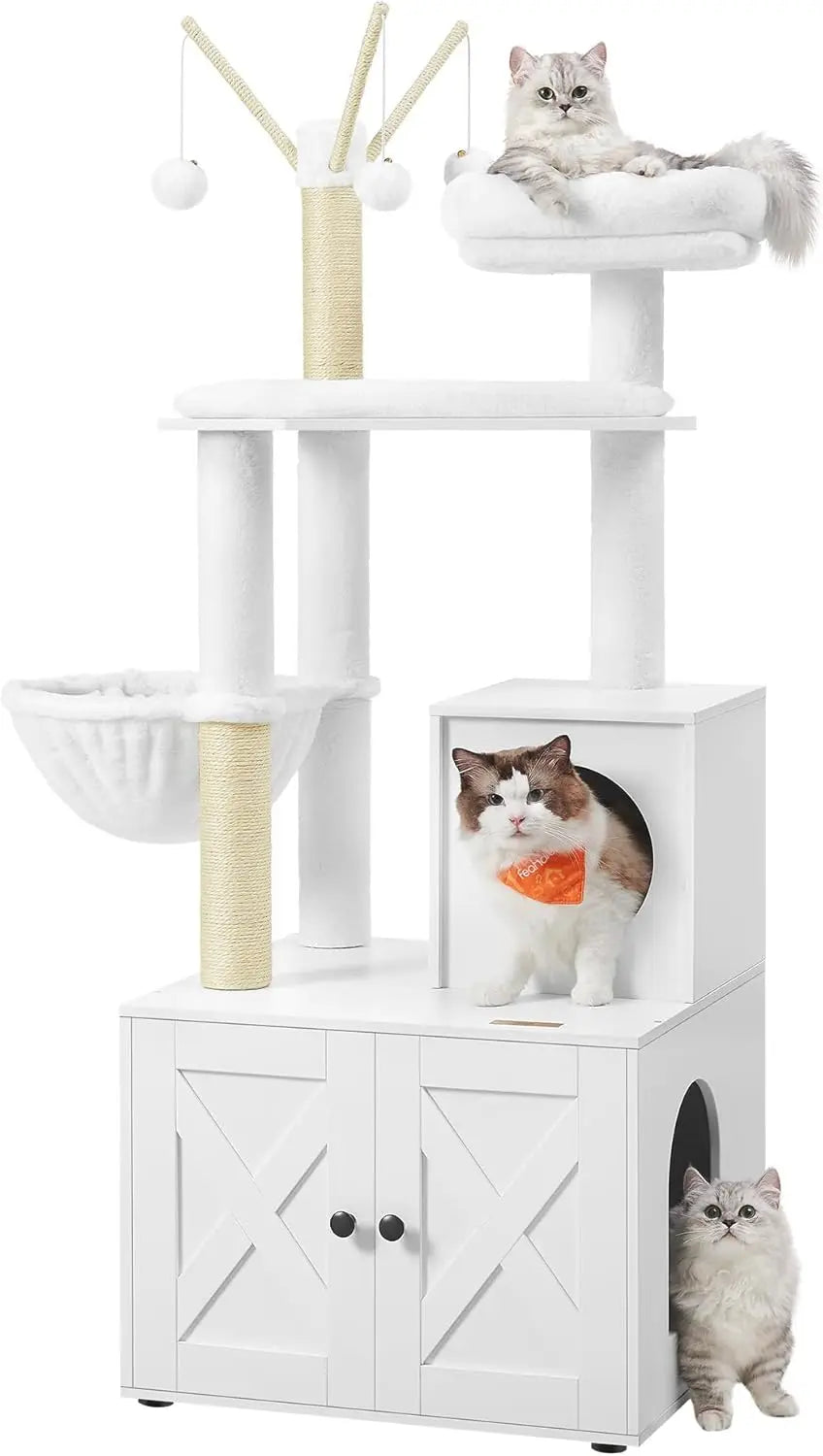 Cat Tree with Litter Box Enclosure, 59-Inch Modern Cat Tower, 2-in-1 Condo with Scratching Posts, Washable Removable Cushion