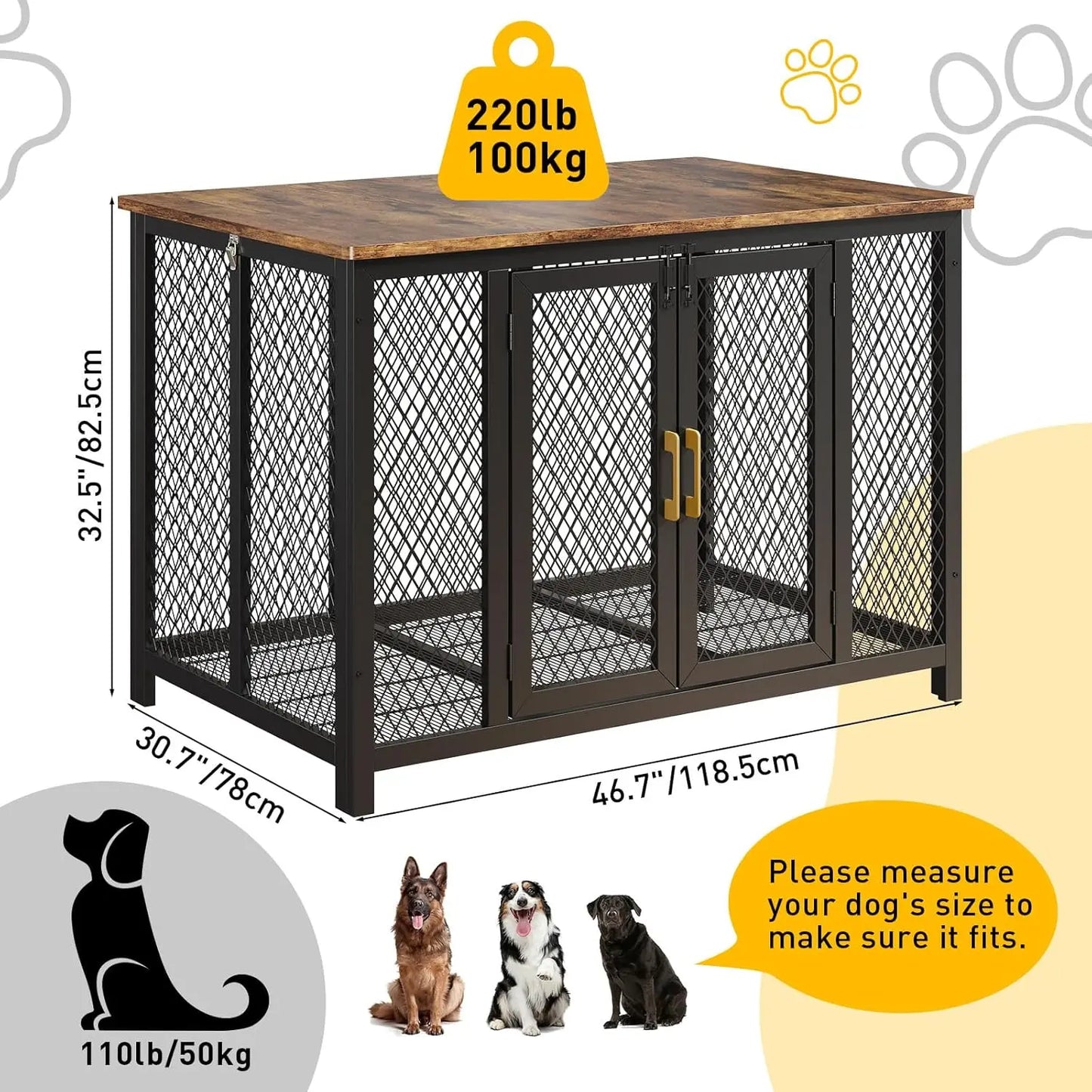 48" Large Pet Cage Table Furniture Large Dog Crate Heavy Duty Metal/Wooden Indoor Kennel, Top Opening & 2 Doors Rustic Brown