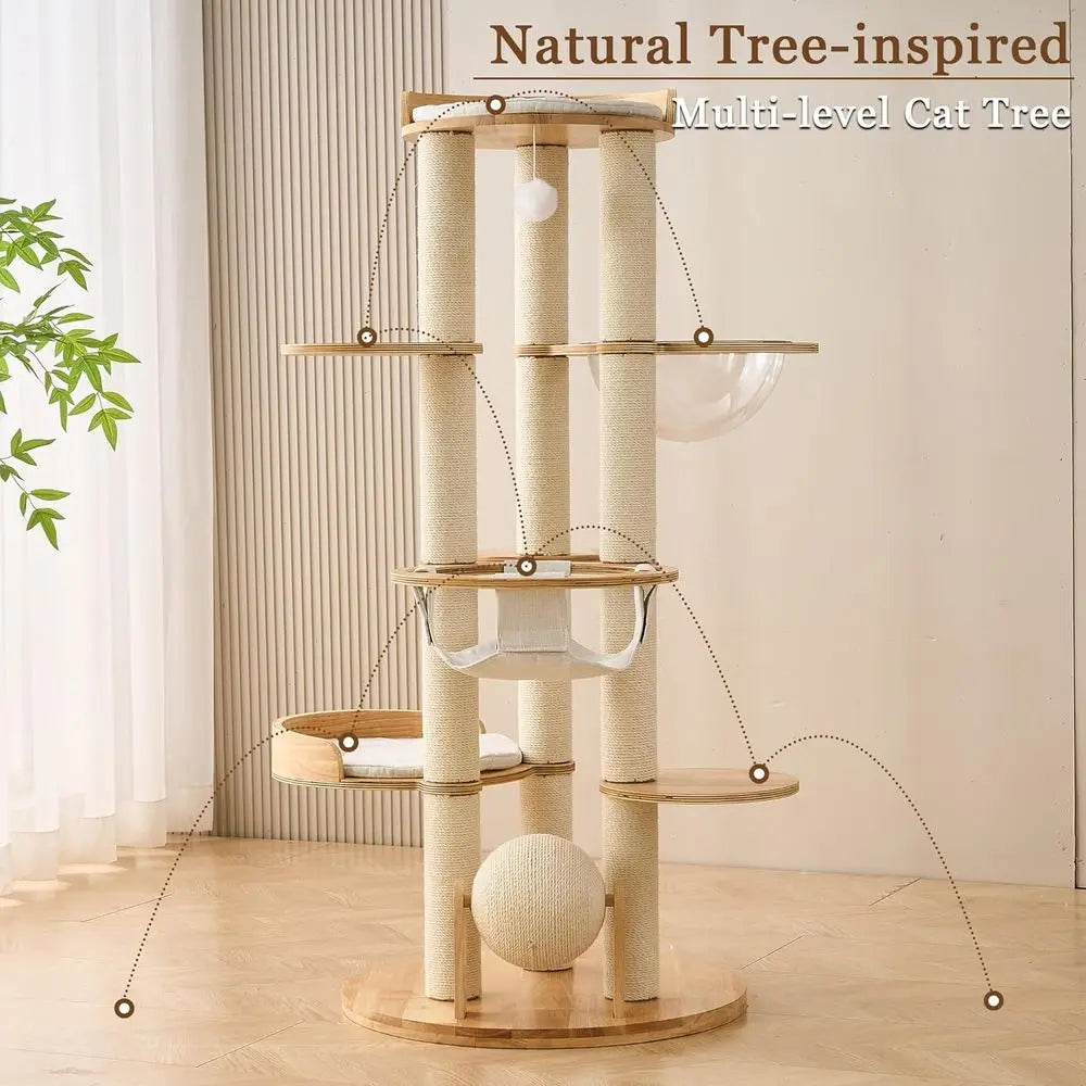 54 Multifunctional Wooden Cat Tree Tower with Bed, Scratching Post, and Toys for Large Indoor Cats