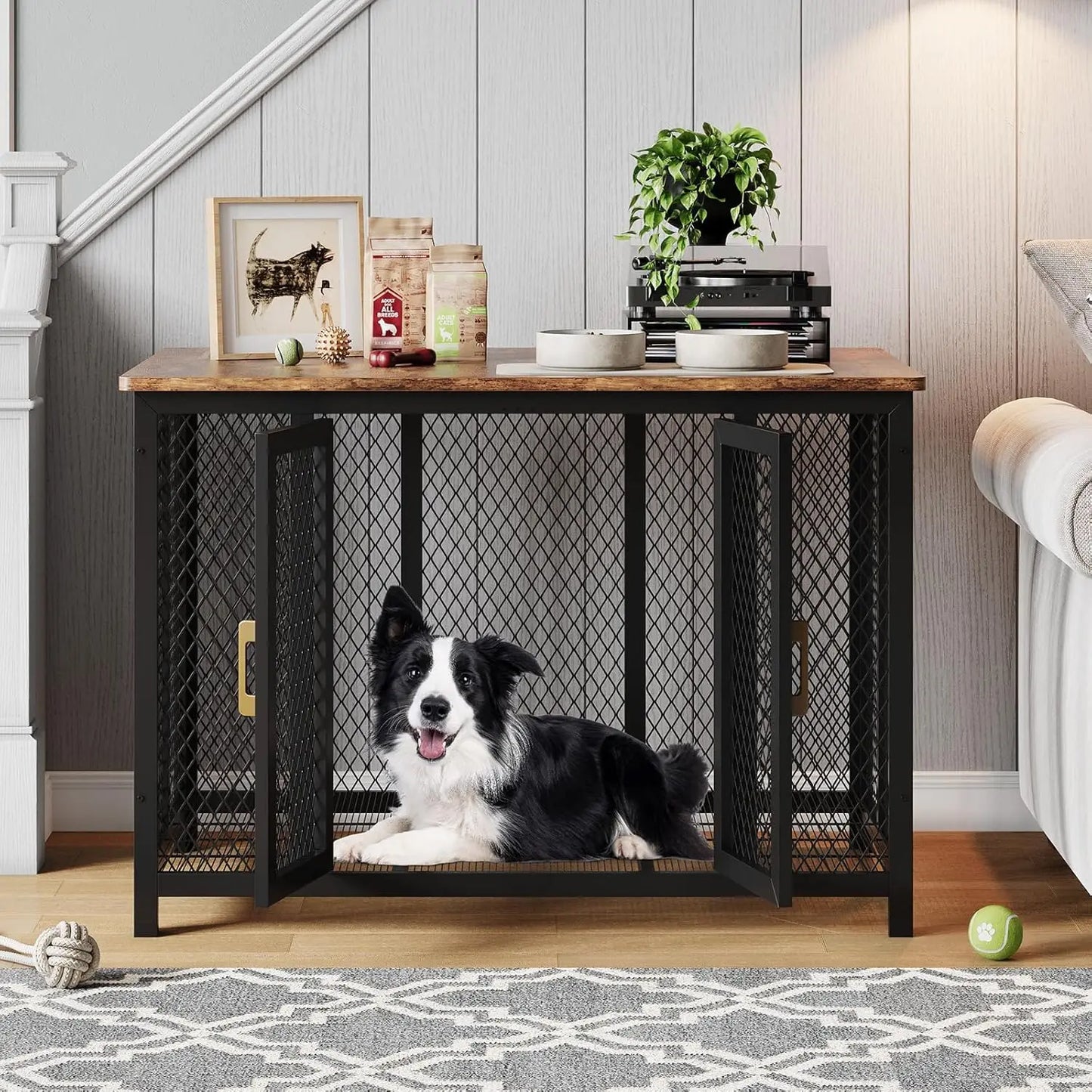48" Large Pet Cage Table Furniture Large Dog Crate Heavy Duty Metal/Wooden Indoor Kennel, Top Opening & 2 Doors Rustic Brown