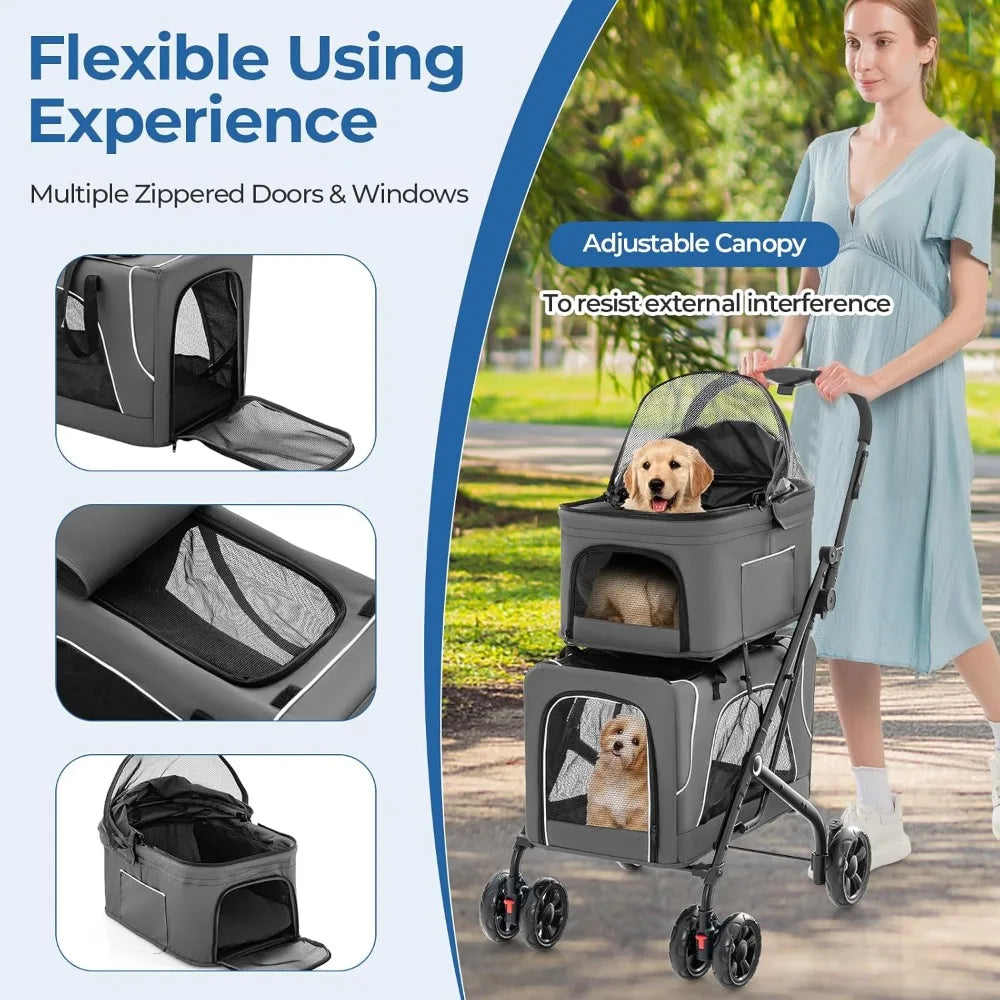 Double Dog Stroller for 2 Dogs, Detachable Carriers, Safety Belt, 4 Lockable Wheels, Pet Travel Carrier Strolling Cart