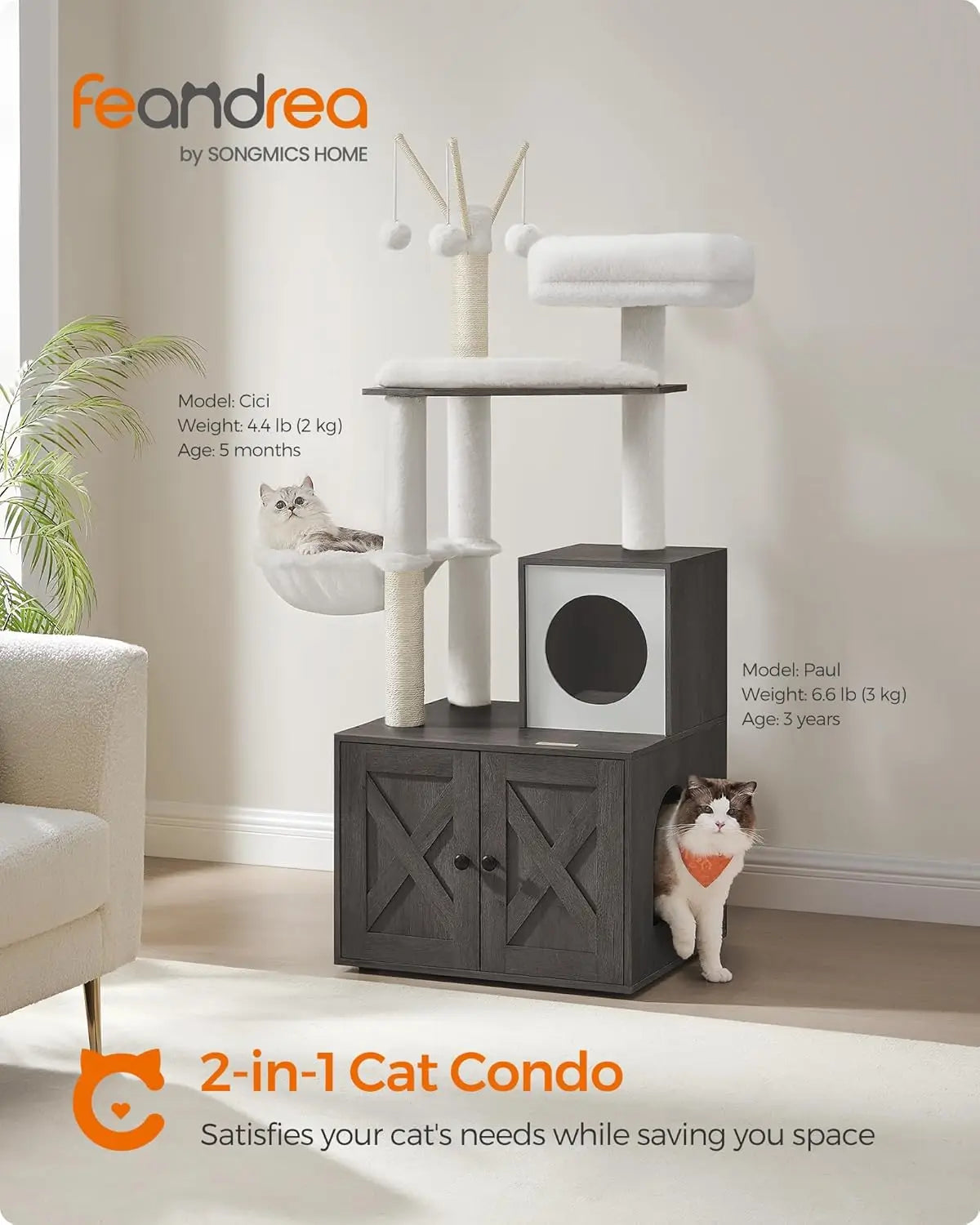 Cat Tree with Litter Box Enclosure, 59-Inch Modern Cat Tower, 2-in-1 Condo with Scratching Posts, Washable Removable Cushion