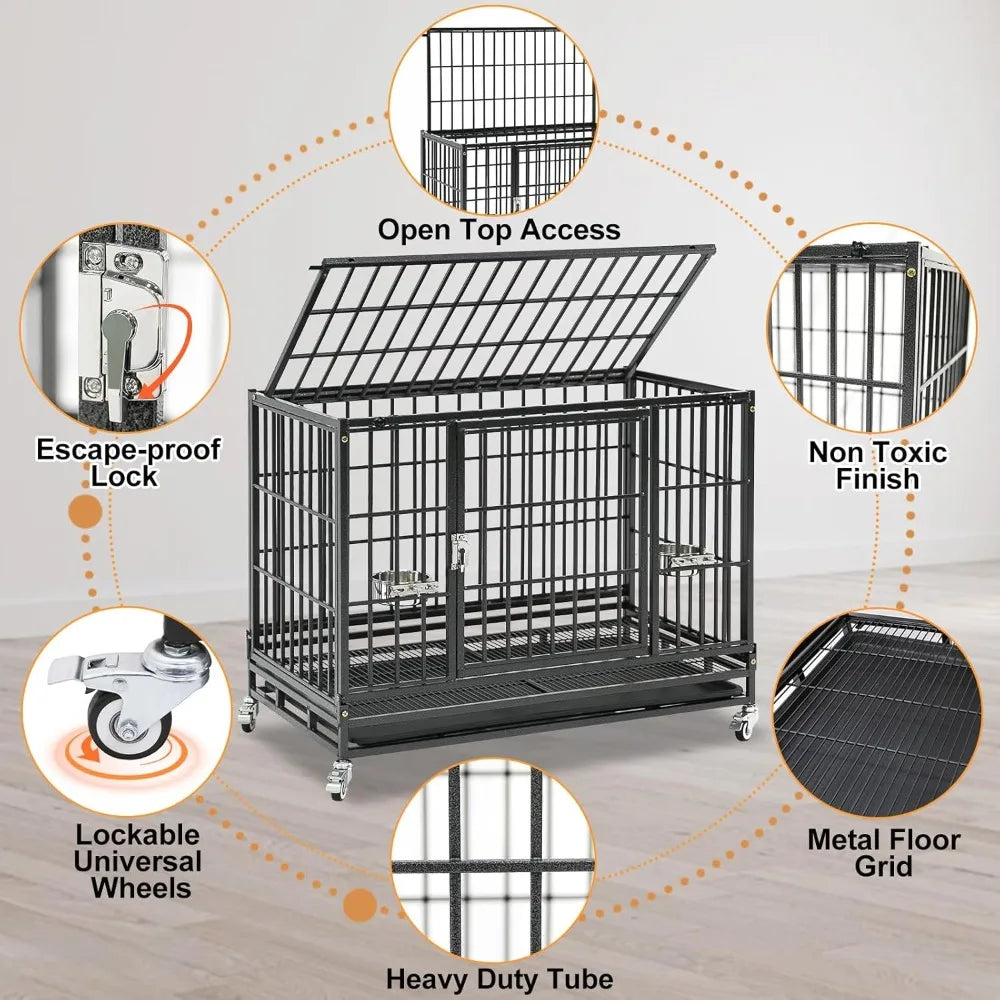 Three Tiers 37 Inch Dog Crate, Escape Proof Dog Cage Kennel Indoor with Top Access and Lockable Wheels, Removable Tray, Heavy D