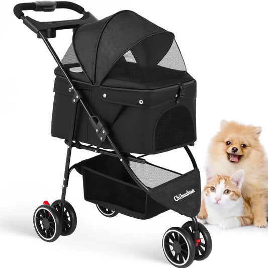 Foldable Pet Stroller for Small Medium Dogs Cats, 3 Wheels with Breathable Mesh Canopy and Cup Holders