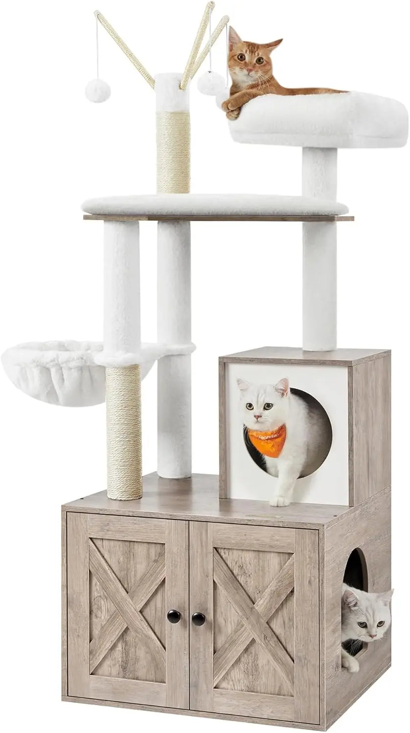 Cat Tree with Litter Box Enclosure, 59-Inch Modern Cat Tower, 2-in-1 Condo with Scratching Posts, Washable Removable Cushion