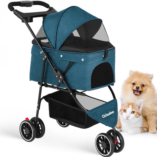 Pet Stroller For Small Medium Cats&Dogs 3 Wheels Foldable with Breathable Mesh Canopy Pet Travel Carrier Suitable Outdoor Travel