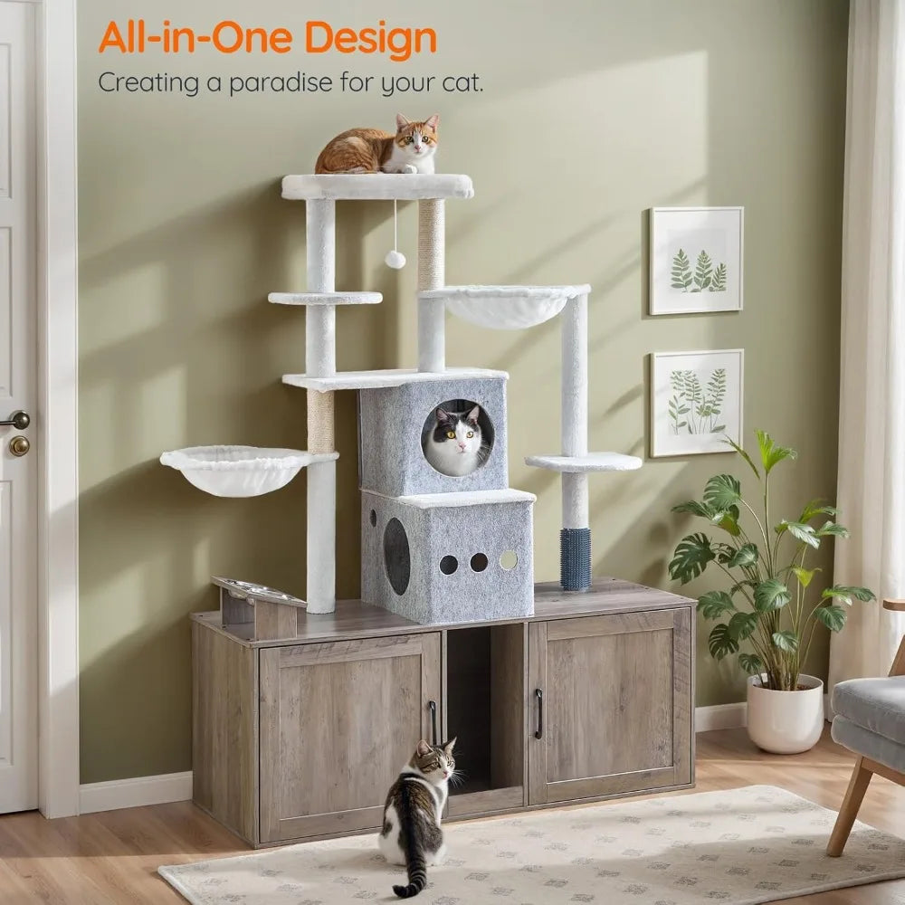 HOOBRO Cat Tree with 47.2 Dual Litter Box Enclosure, 63.4 Tall Multi-Functional Tower for Cats, Hidden Litter Box Enclosure Furn