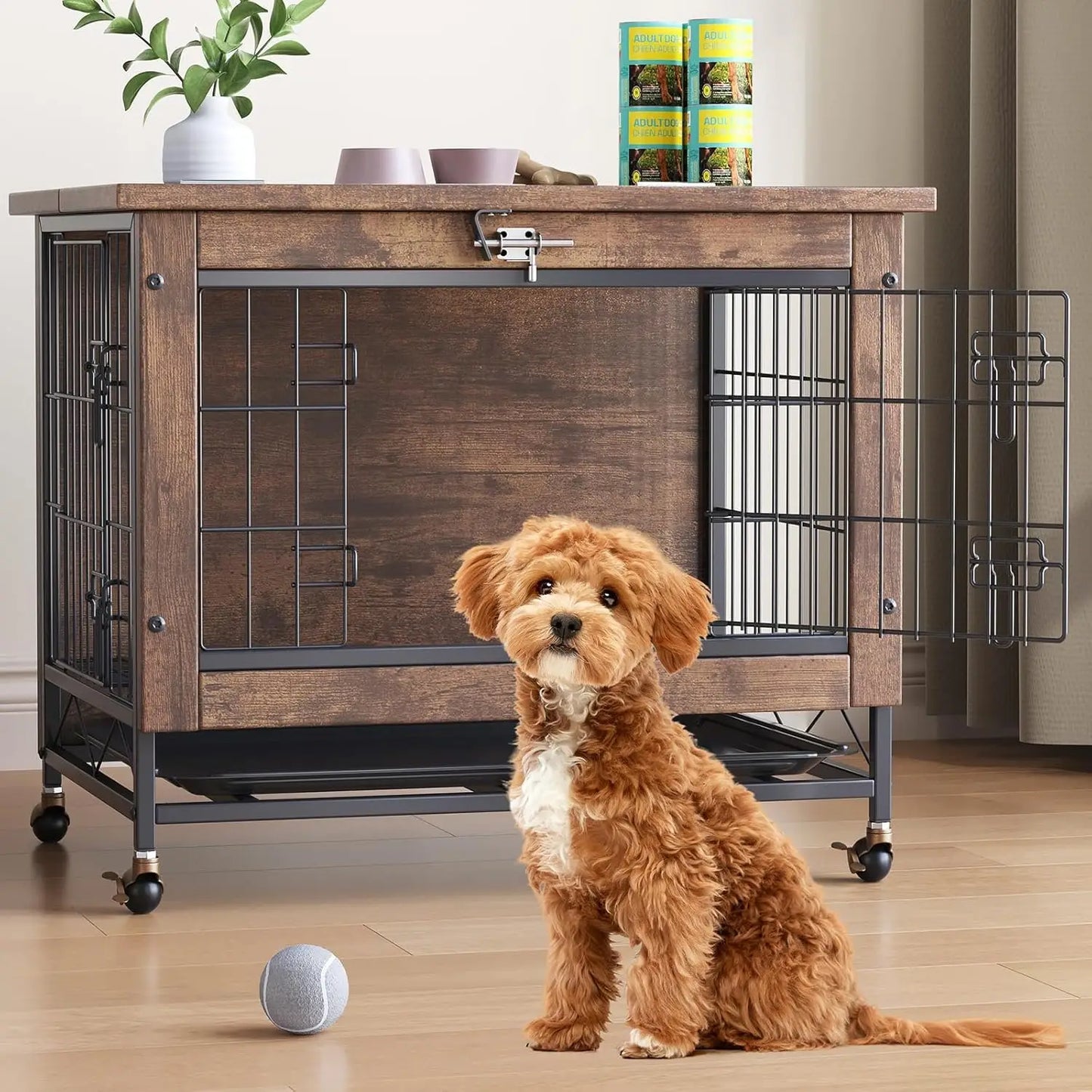 Rustic Dog Crate Furniture with Wheels 26in Small Heavy Duty Metal and Wood Dog Kennel Indoor Anti-Chew Pet Cage End Side Table