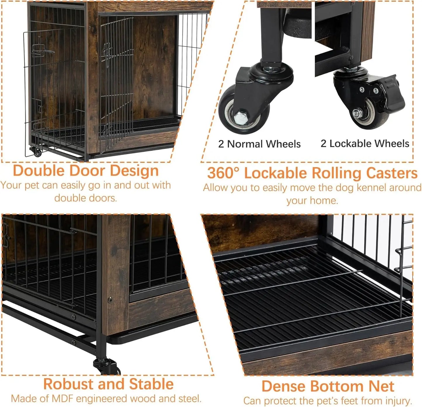 Rustic Dog Crate Furniture with Wheels 26in Small Heavy Duty Metal and Wood Dog Kennel Indoor Anti-Chew Pet Cage End Side Table