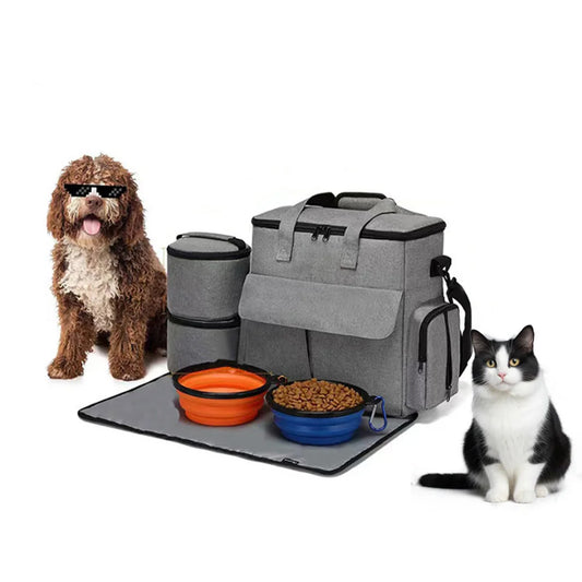 Dog Travel Bag Backpack Pet Accessories Organizer for Week Away/Overnight, w/ 2 Food Bags 1 Waterproof Placemat 2 Foldable Bowls