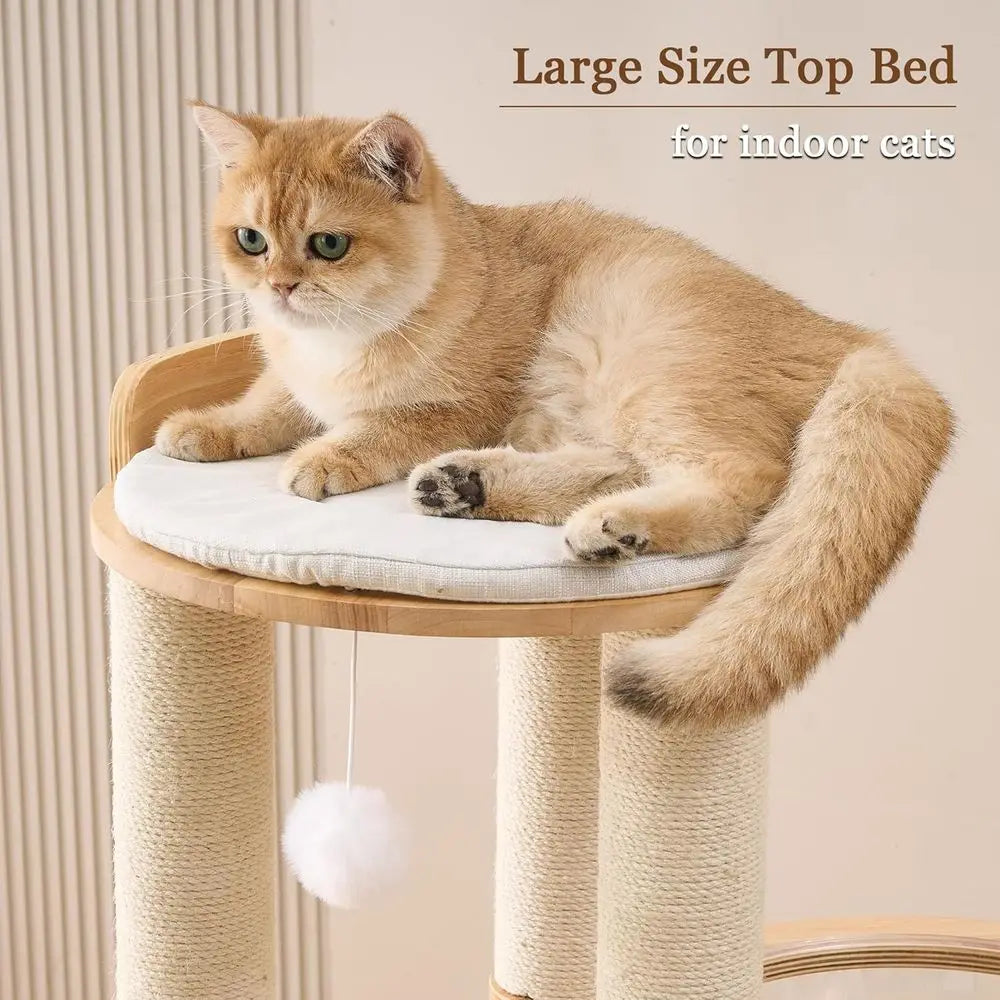 54 Multifunctional Wooden Cat Tree Tower with Bed, Scratching Post, and Toys for Large Indoor Cats