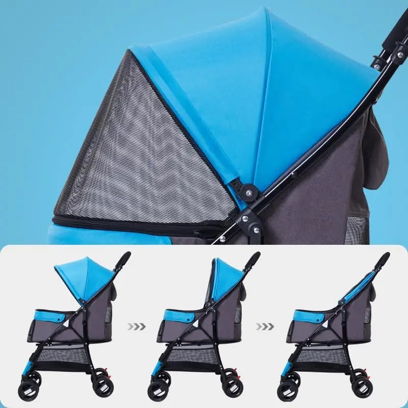 4-Wheel Easy-Fold Pet Stroller with Weather Cover, Storage Basket for Small/Medium Pets up to 33lbs, Blue