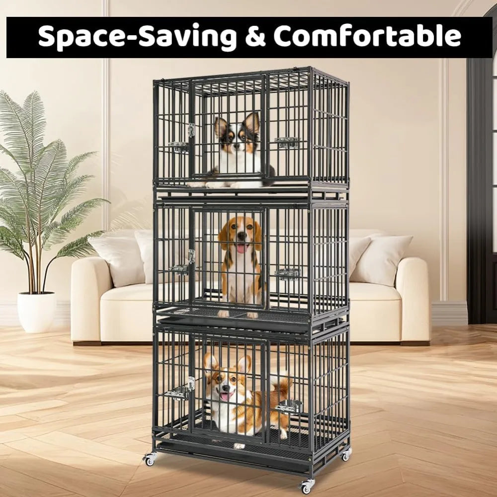 Three Tiers 37 Inch Dog Crate, Escape Proof Dog Cage Kennel Indoor with Top Access and Lockable Wheels, Removable Tray, Heavy D