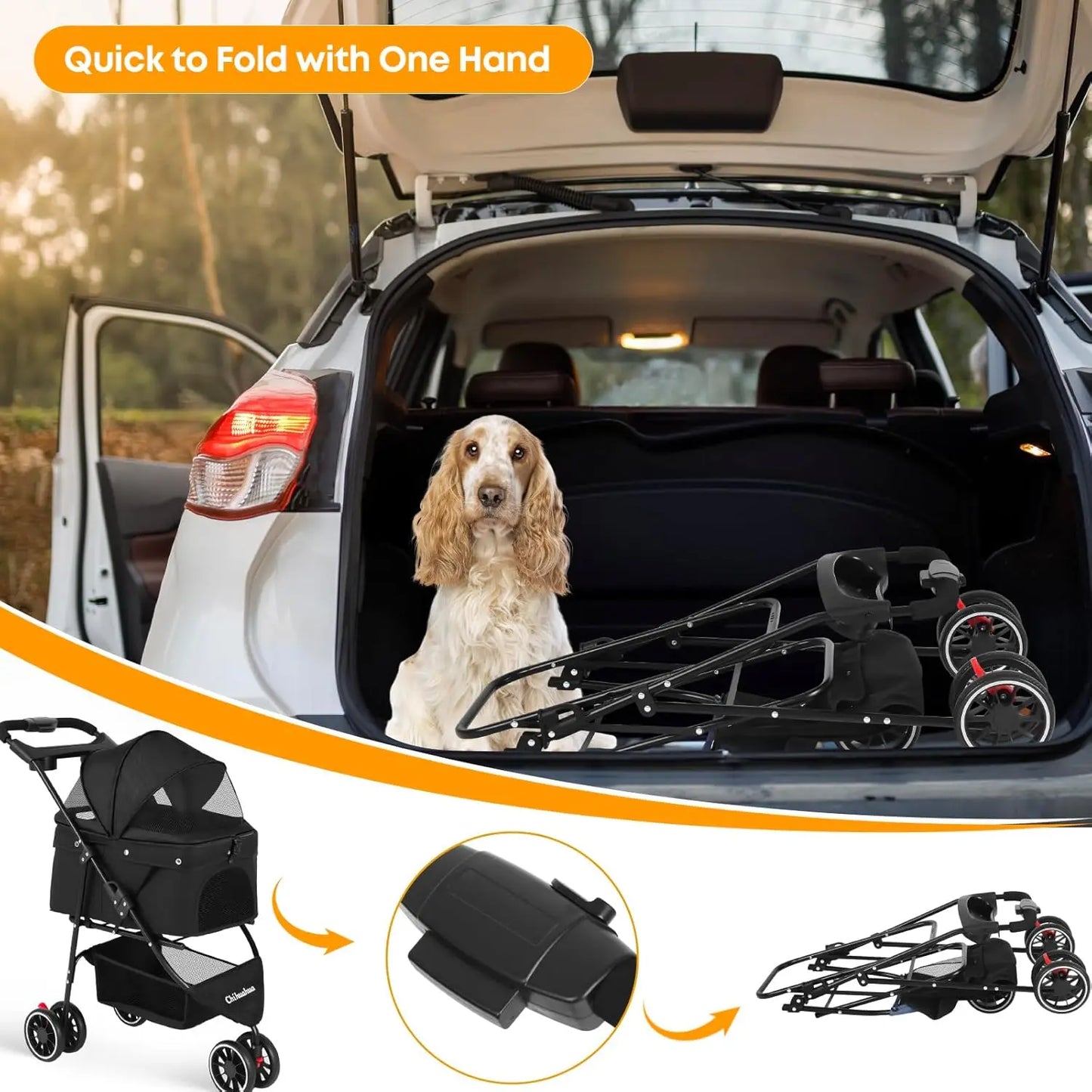 Foldable Pet Stroller for Small Medium Dogs Cats, 3 Wheels with Breathable Mesh Canopy and Cup Holders