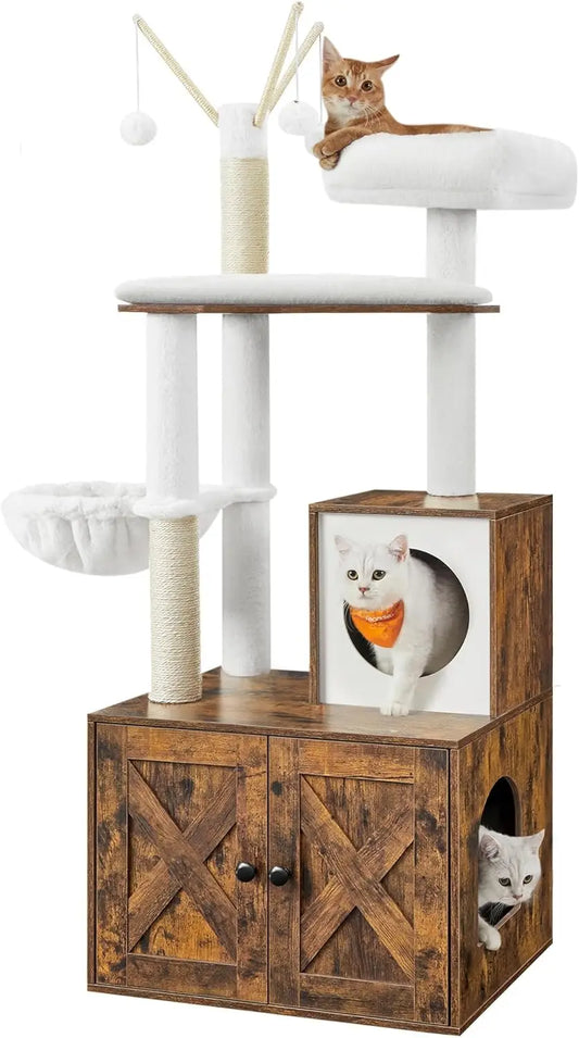 Cat Tree with Litter Box Enclosure, 59-Inch Modern Cat Tower, 2-in-1 Condo with Scratching Posts, Washable Removable Cushion