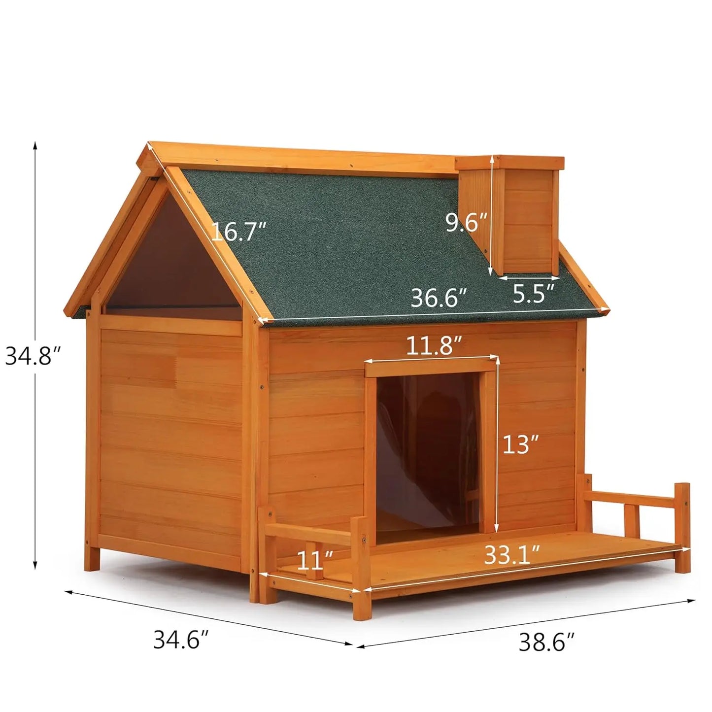 Wooden Dog House, Indoor Outdoor Pet Shelter with Platform, PVC Curtain, Door, Asphalt Roof, Pet House for Small to, Customized
