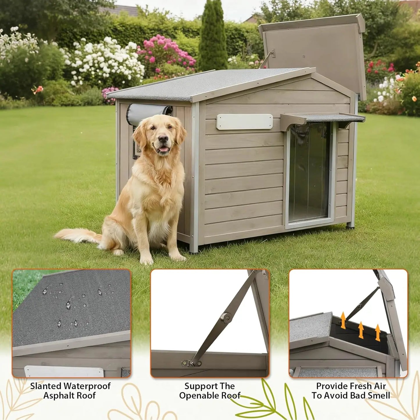 40.2" L Large Dog House Outdoor & Indoor,Fir Wood Dog Kennel with Weatherproof Openable Asphalt Roof,Spacious, Customized