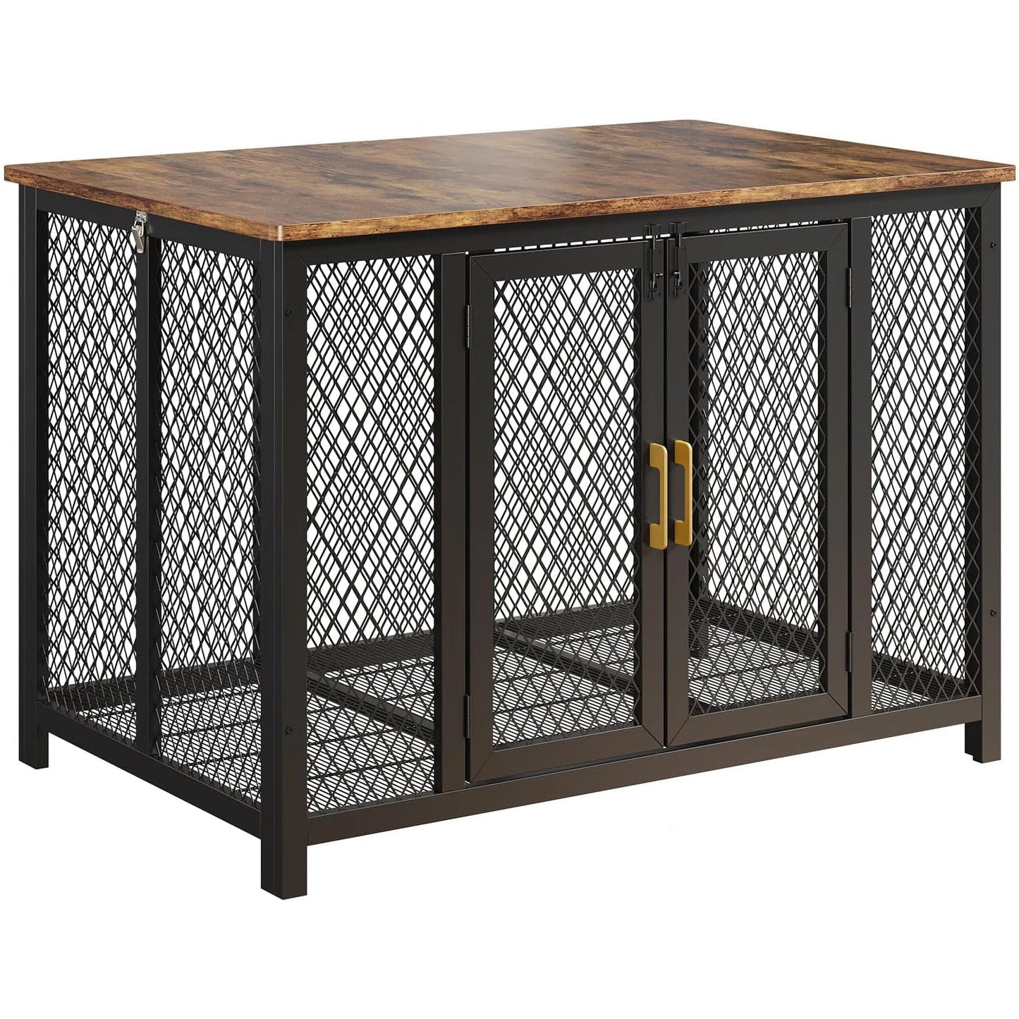 48" Large Pet Cage Table Furniture Large Dog Crate Heavy Duty Metal/Wooden Indoor Kennel, Top Opening & 2 Doors Rustic Brown