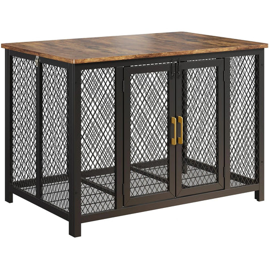 48" Large Pet Cage Table Furniture Large Dog Crate Heavy Duty Metal/Wooden Indoor Kennel, Top Opening & 2 Doors Rustic Brown