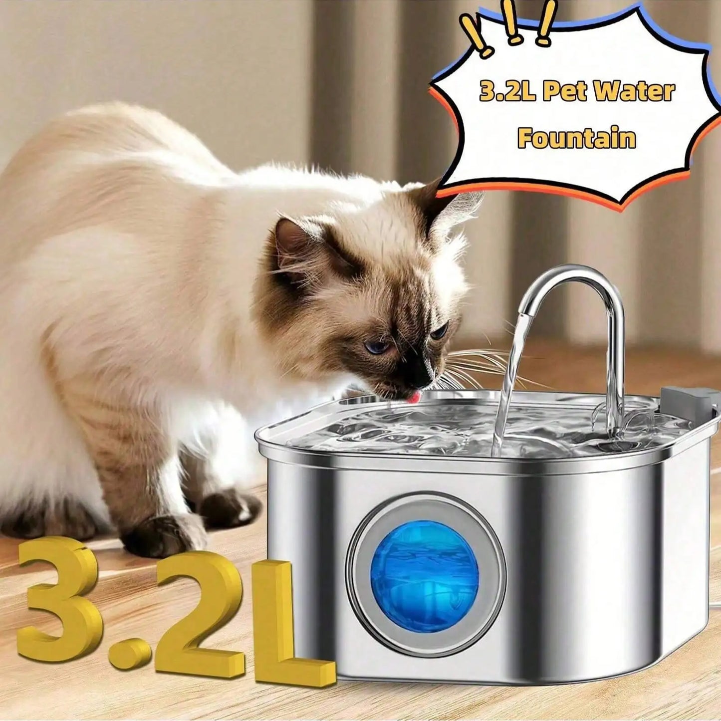 1pc 108.2oz Stainless Steel Quiet Cat Dog Water Fountain USB-Powered
