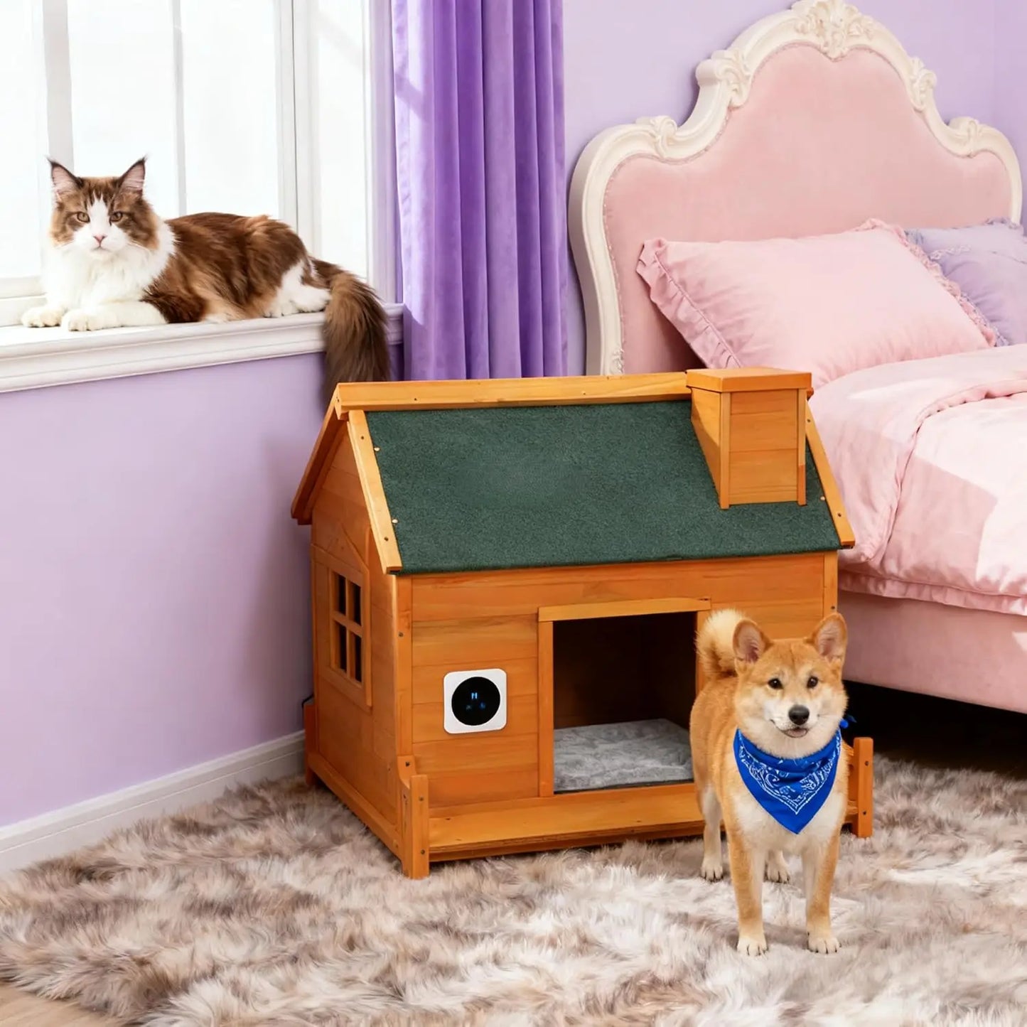 Wooden Dog House, Indoor Outdoor Pet Shelter with Platform, PVC Curtain, Door, Asphalt Roof, Pet House for Small to, Customized