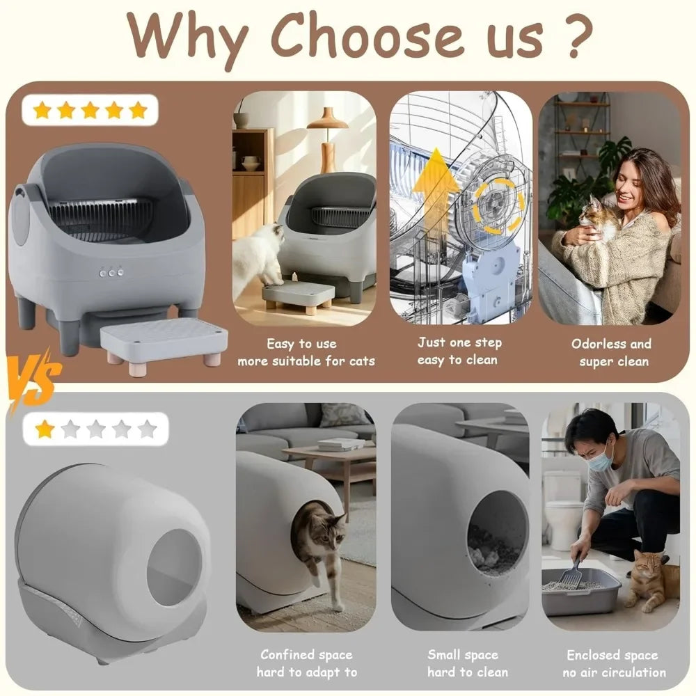 Self Cleaning Automatic Cat Litter Box with Raised Step, Large Open Top for Multi-Cat Families, Safe & Spacious Pet Litter Solut